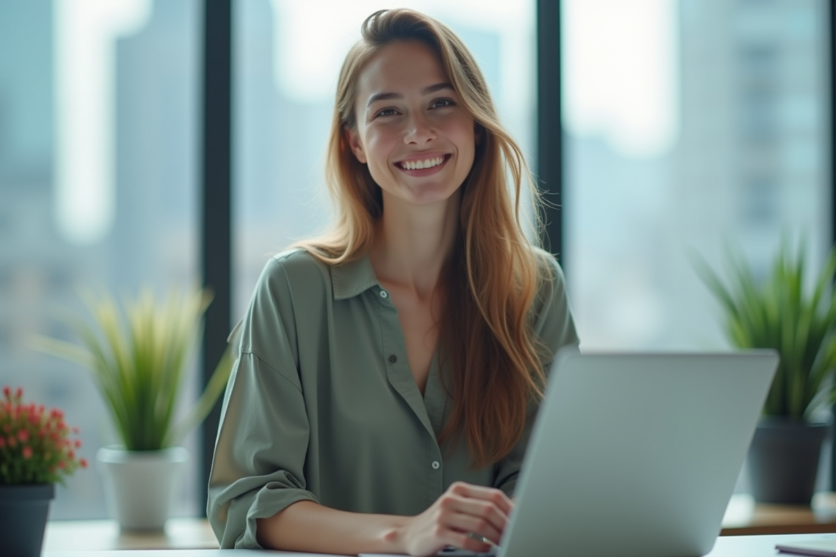 Jeune femme travaillant à un bureau debout près d