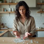 Femme regardant un verre blanc brisé sur le sol de sa cuisine, expression préoccupée, superstition du verre cassé