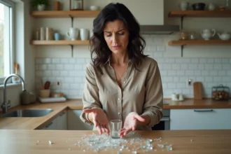 Femme regardant un verre blanc brisé sur le sol de sa cuisine, expression préoccupée, superstition du verre cassé