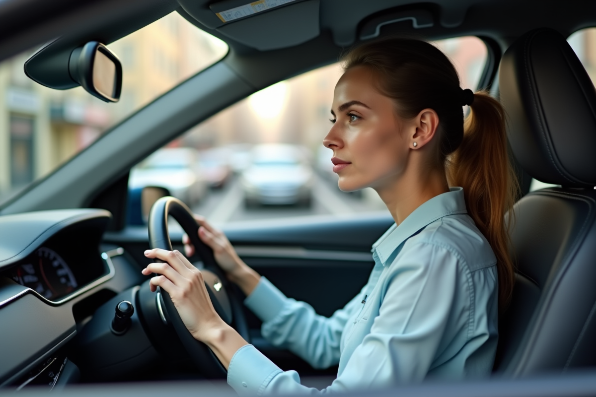 Jeune femme au volant d une voiture essence dans la ville