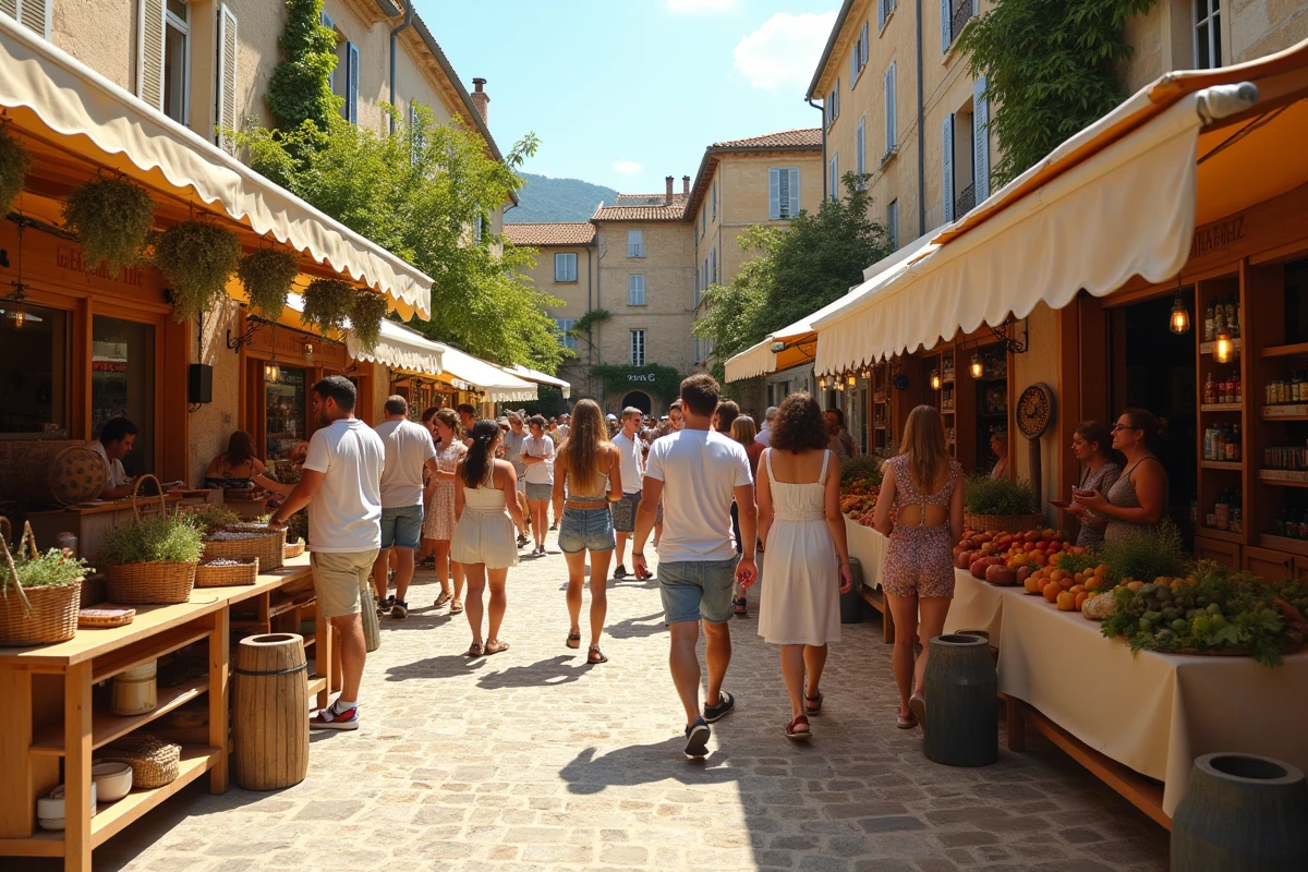 Fête de village animée sur une place provençale avec stands de marché et habitants en été