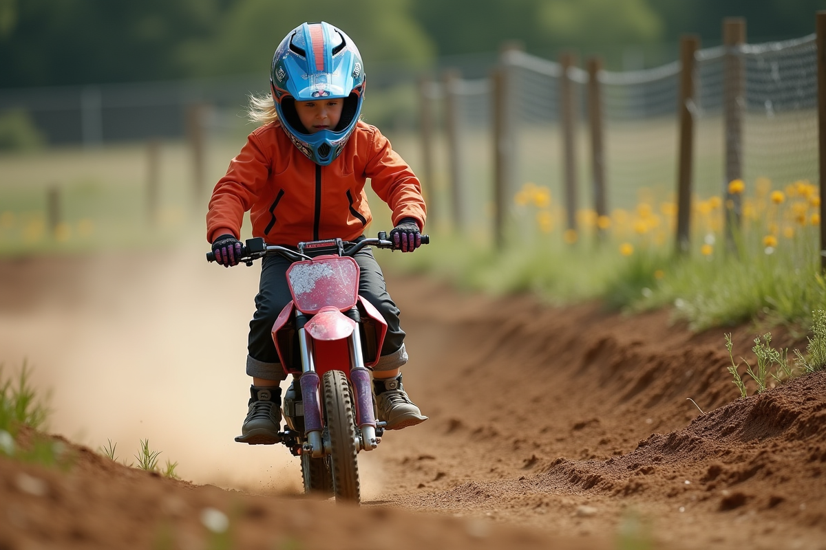 Jeune fille en pleine action sur une petite moto tout-terrain