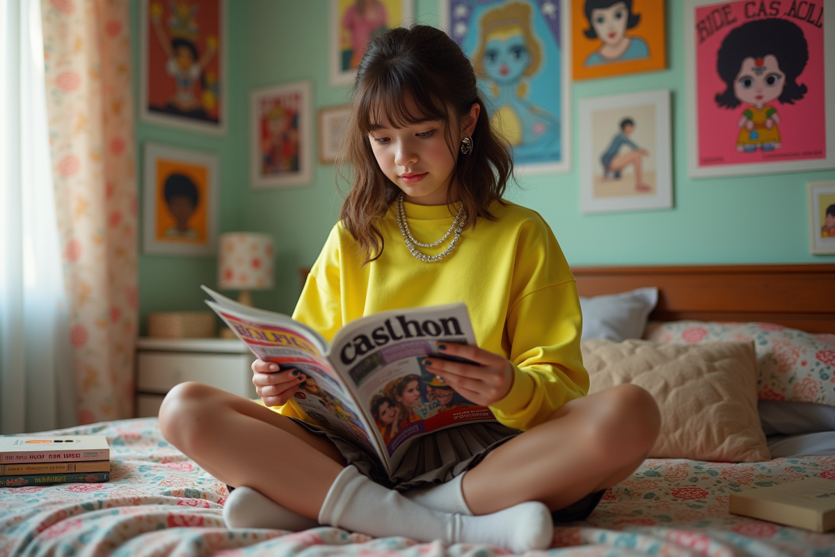 Jeune fille dans sa chambre en 1980 lisant un magazine