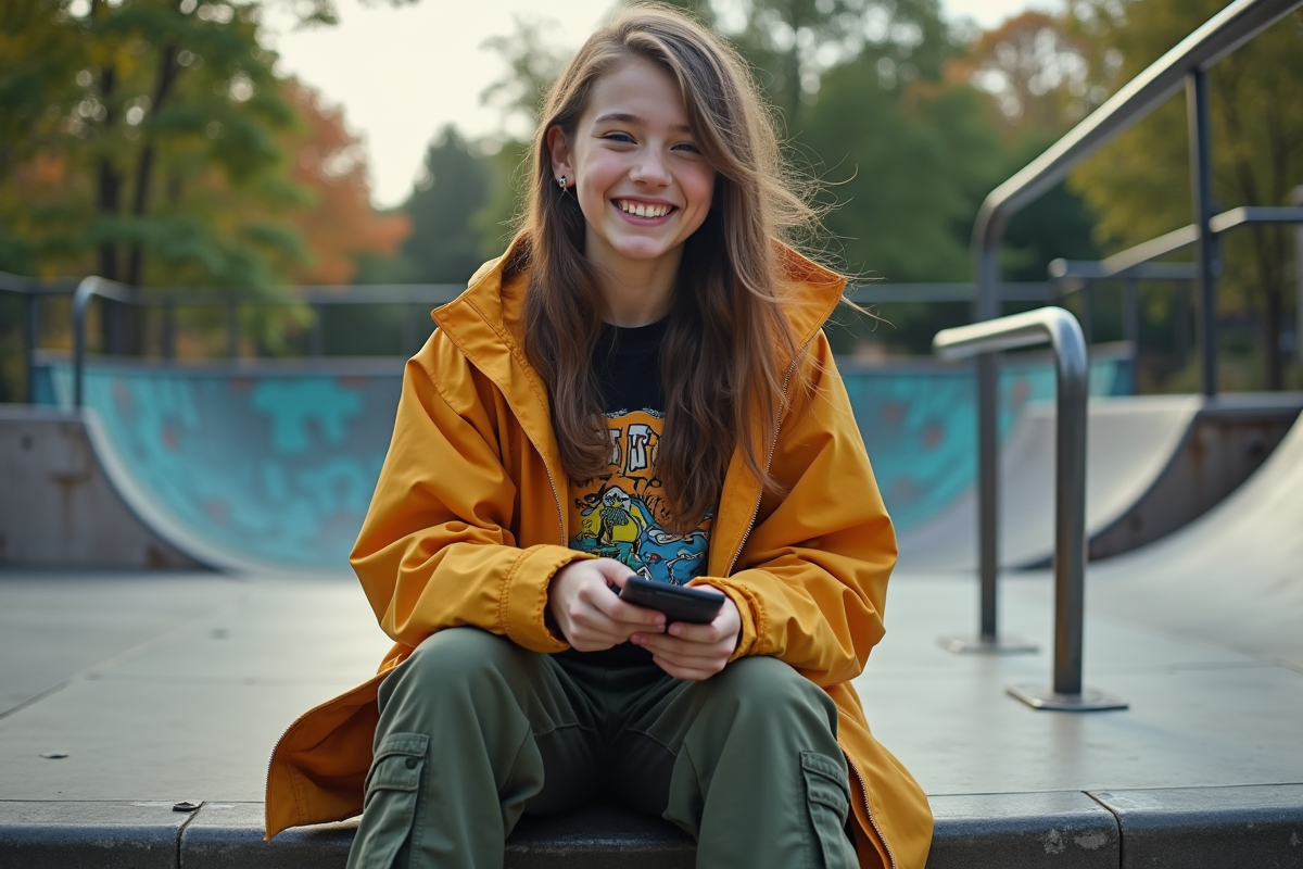 Fille adolescente souriante assise au skatepark avec ses amis