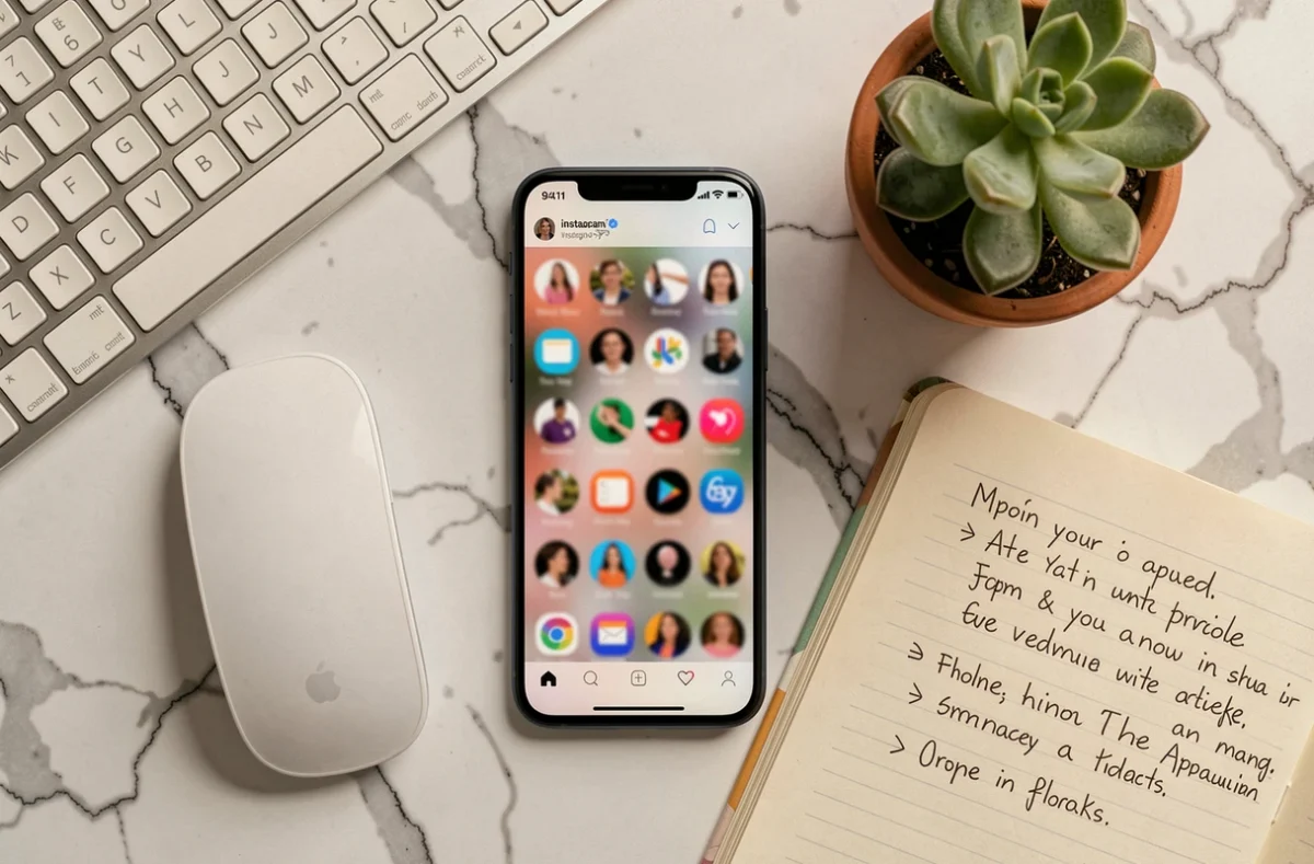 Flat lay d'un smartphone affichant des stories Instagram anonymes entouré d'accessoires tech sur marbre blanc