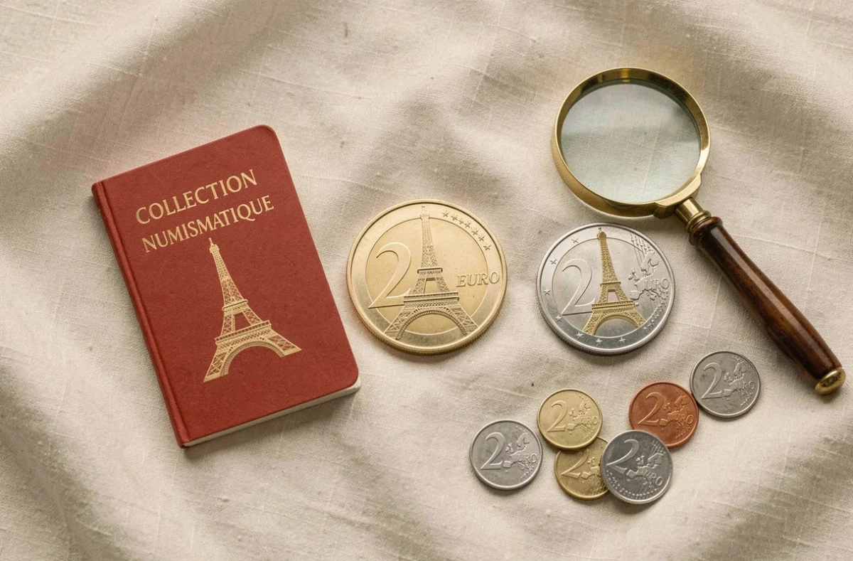 Arrangement plat de pièces 2 euros commémoratives JO 2026 Tour Eiffel sur tissu lin avec loupe et livret de collection