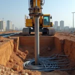 Machine de forage hydraulique enfonçant un pieu en béton dans le sol argileux d'un chantier de construction urbain