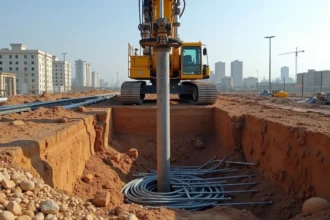 Machine de forage hydraulique enfonçant un pieu en béton dans le sol argileux d'un chantier de construction urbain