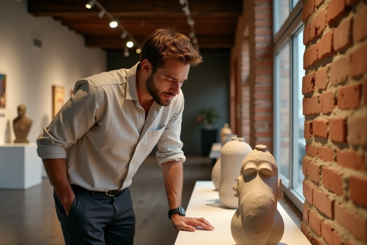 Homme examinant une installation de sculptures en céramique dans une galerie d'art lyonnaise en soirée