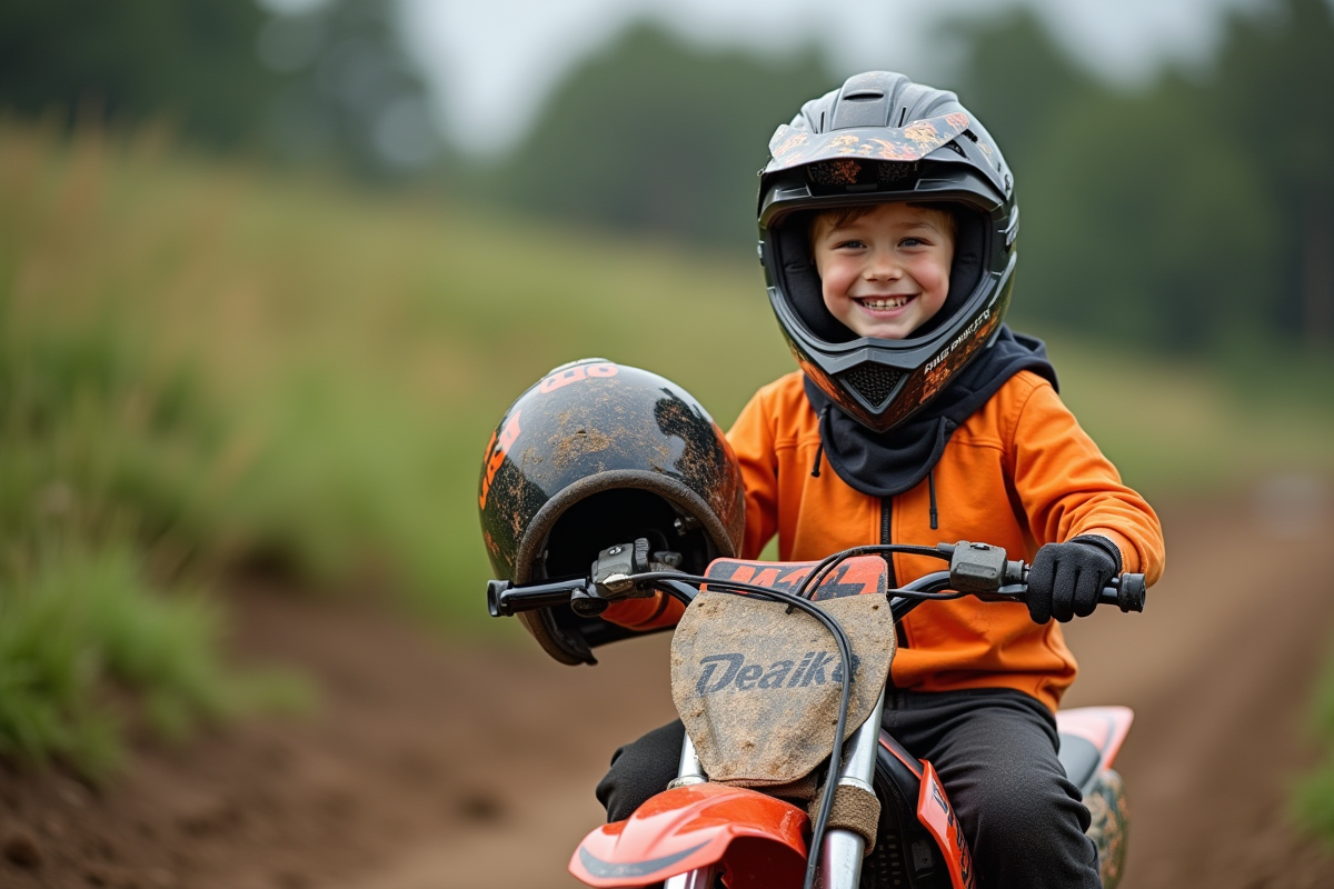 Garçon souriant sur une moto 50cc en pleine nature