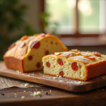 Gâteau tranché au chorizo et chèvre sur table en bois