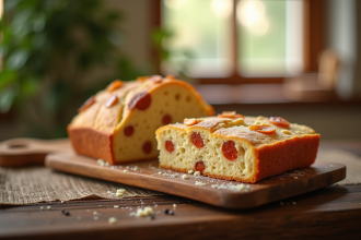 Gâteau tranché au chorizo et chèvre sur table en bois