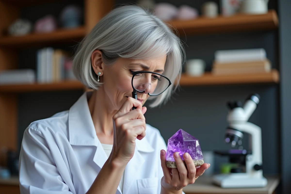 Gemmologue femme examinant une améthyste violette à la loupe dans un laboratoire professionnel d'identification des pierres précieuses