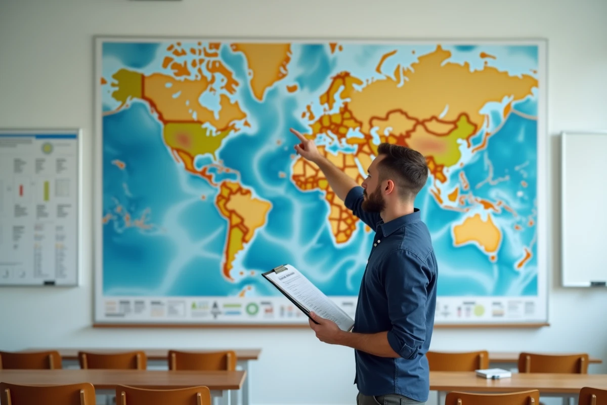 Géographe pointant une carte murale du monde dans une salle de classe universitaire