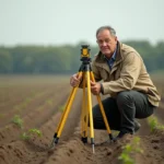 Géomètre mesurant un terrain agricole avec un trépied de topographie au milieu d'un champ cultivé à l'horizon dégagé