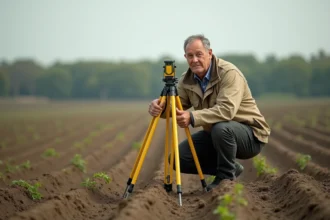 Géomètre mesurant un terrain agricole avec un trépied de topographie au milieu d'un champ cultivé à l'horizon dégagé