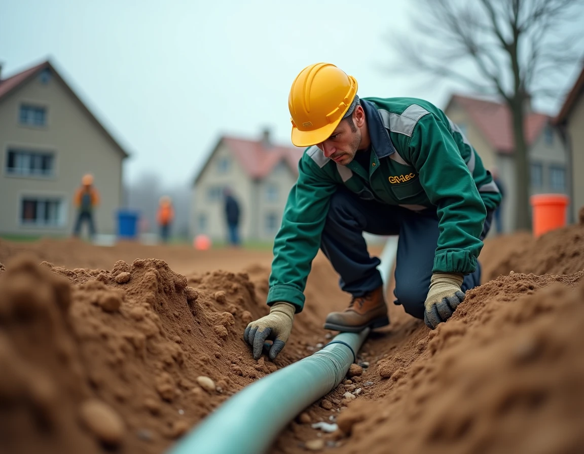 Électricien de GR-Elec Sarl installant des conduits électriques souterrains sur un chantier