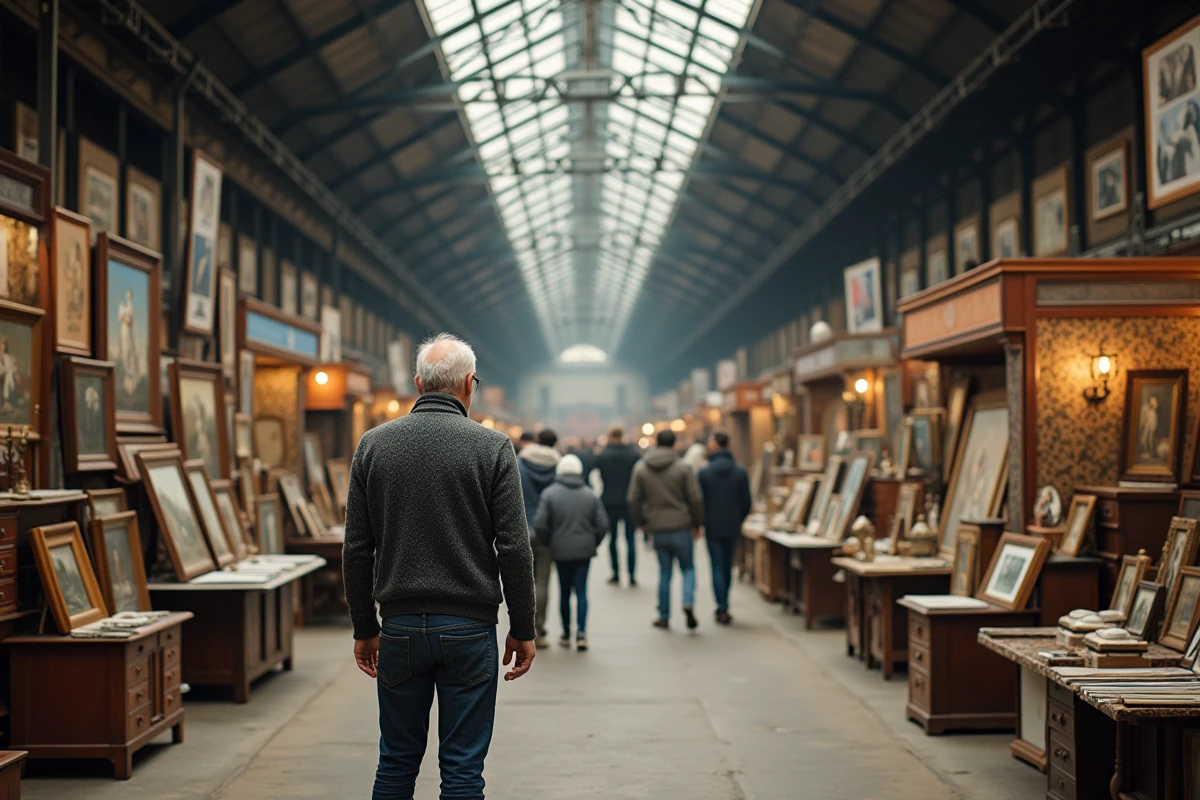 Vue grand angle d'une grande braderie intérieure dans le Nord, vaste hall industriel rempli de stands d'antiquités, brocante et objets vintage avec foule de visiteurs