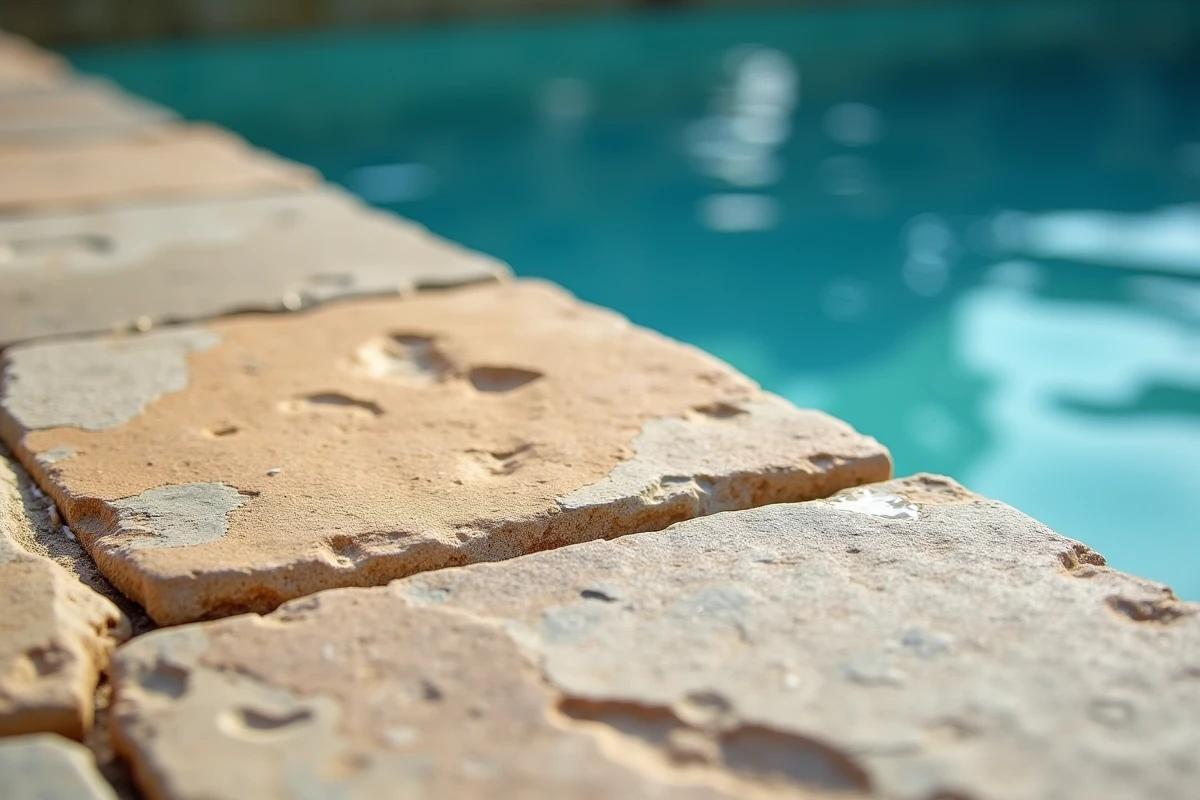Gros plan sur des dalles en pierre fossile d'Égypte autour d'une piscine avec reflets aquatiques