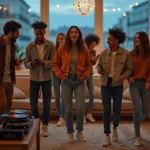 Groupe d'amis dansant dans un salon moderne
