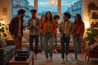 Groupe d'amis dansant dans un salon moderne