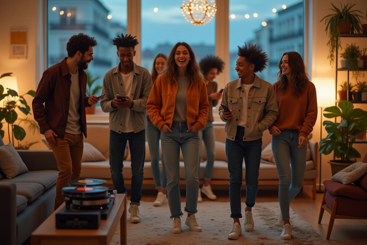 Groupe d'amis dansant dans un salon moderne