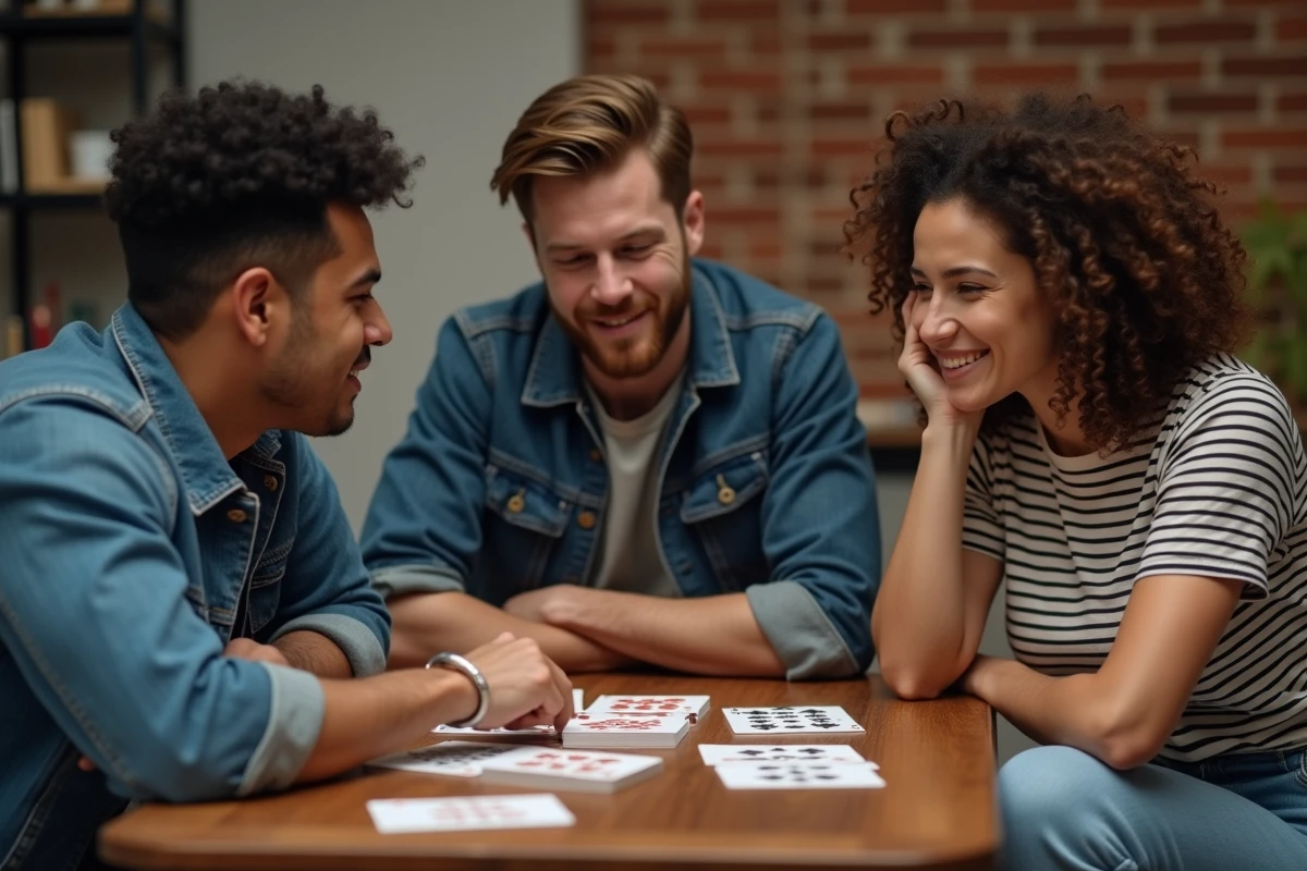 Groupe de trois amis réunis autour d'une table basse jouant à une variante de la crapette avec des cartes étalées dans un appartement urbain