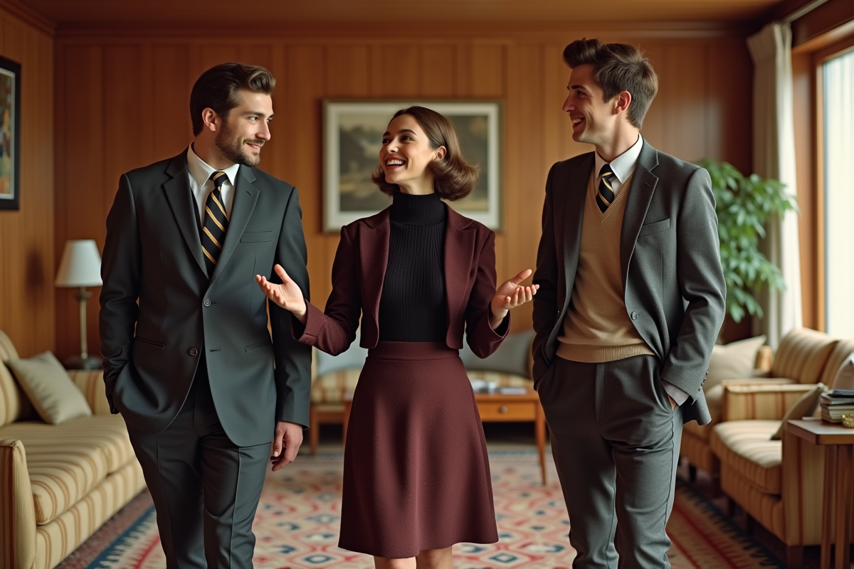 Groupe d amis en style 1960 dans un salon