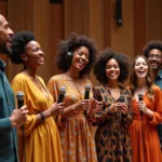 Groupe de chanteurs internationaux en studio moderne
