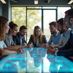Groupe diversifié collaborant autour d'une table digitale lumineuse