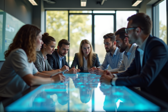 Groupe diversifié collaborant autour d'une table digitale lumineuse