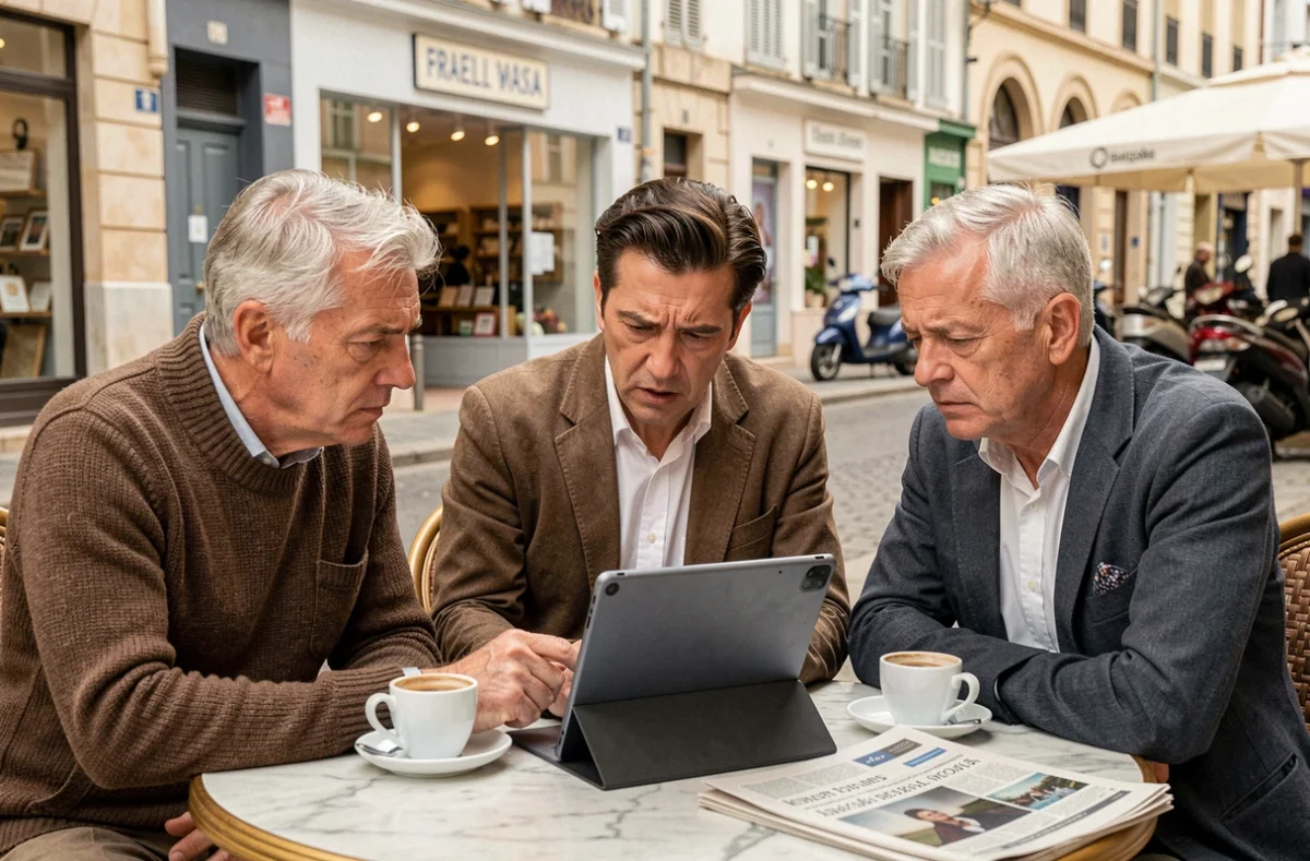 Groupe de personnes consultant les actualités fiables sur une tablette numérique dans un café de la Côte d'Azur
