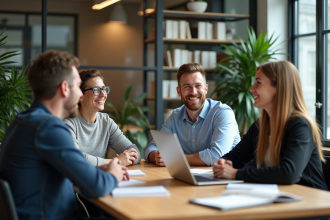 Groupe de coworkers discutant dans un bureau moderne