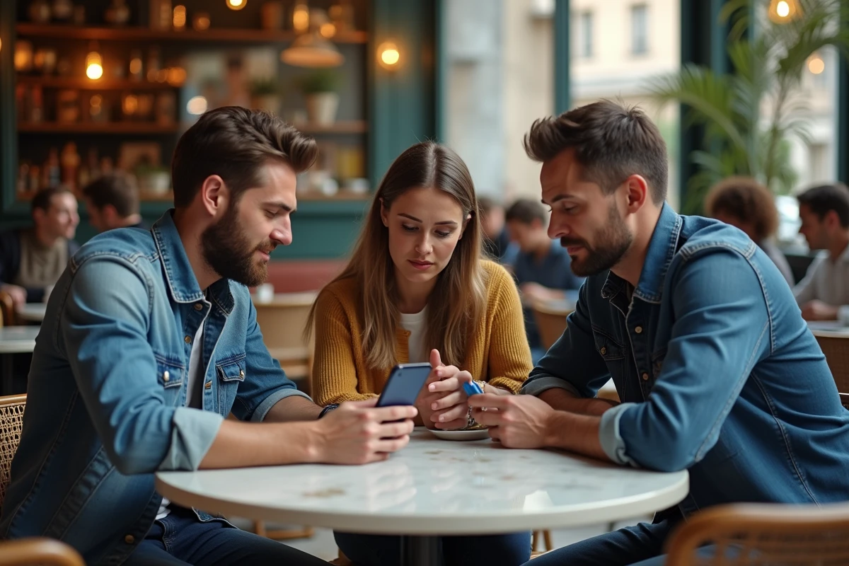 Groupe de jeunes adultes discutant des résultats d'un quiz d'orientation politique autour d'une table de café parisien