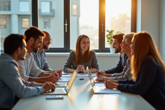 Groupe divers d'employes en réunion collaborative