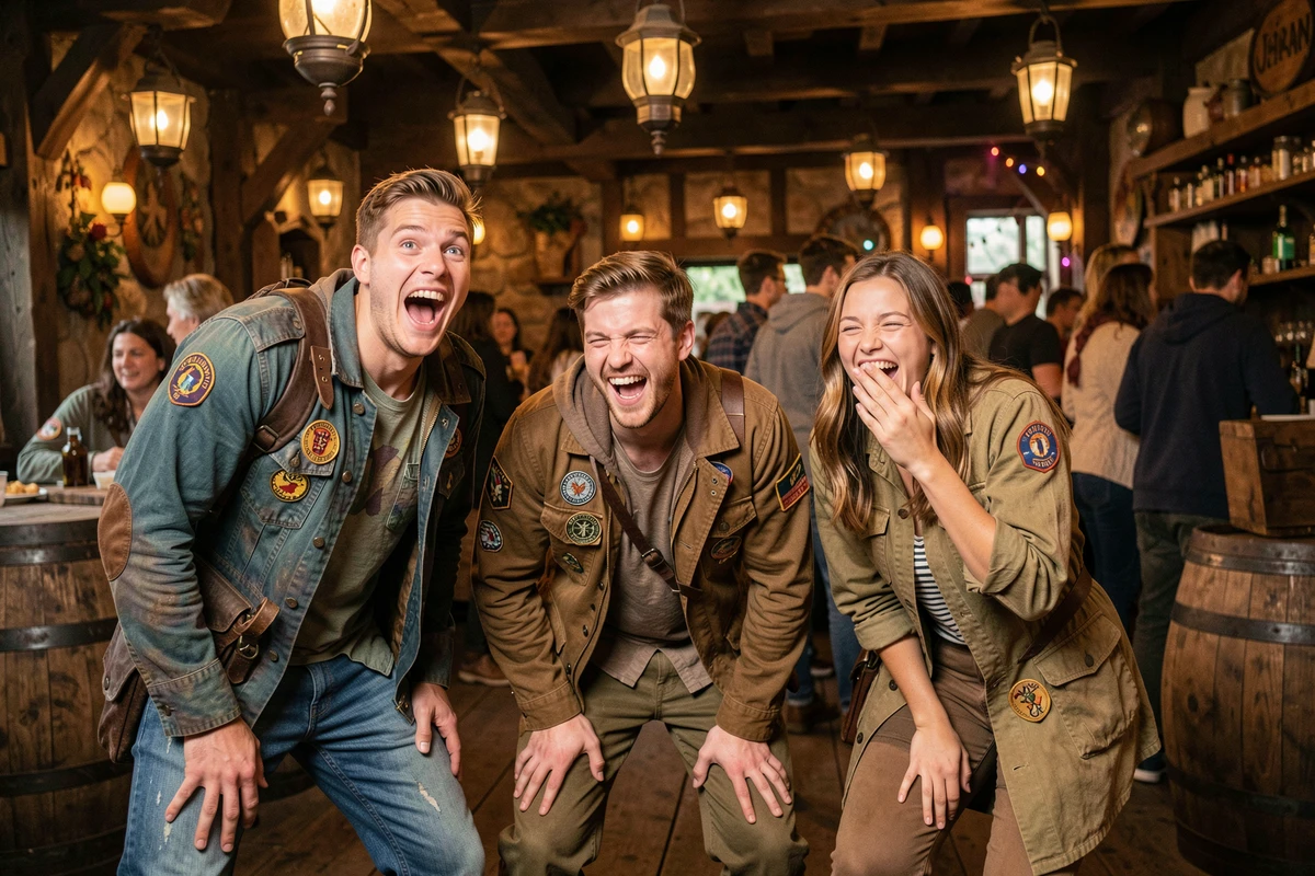 Groupe d'aventuriers hilarants dans une taverne fantaisie illustrant l'humour et la camaraderie de Fairy Tail
