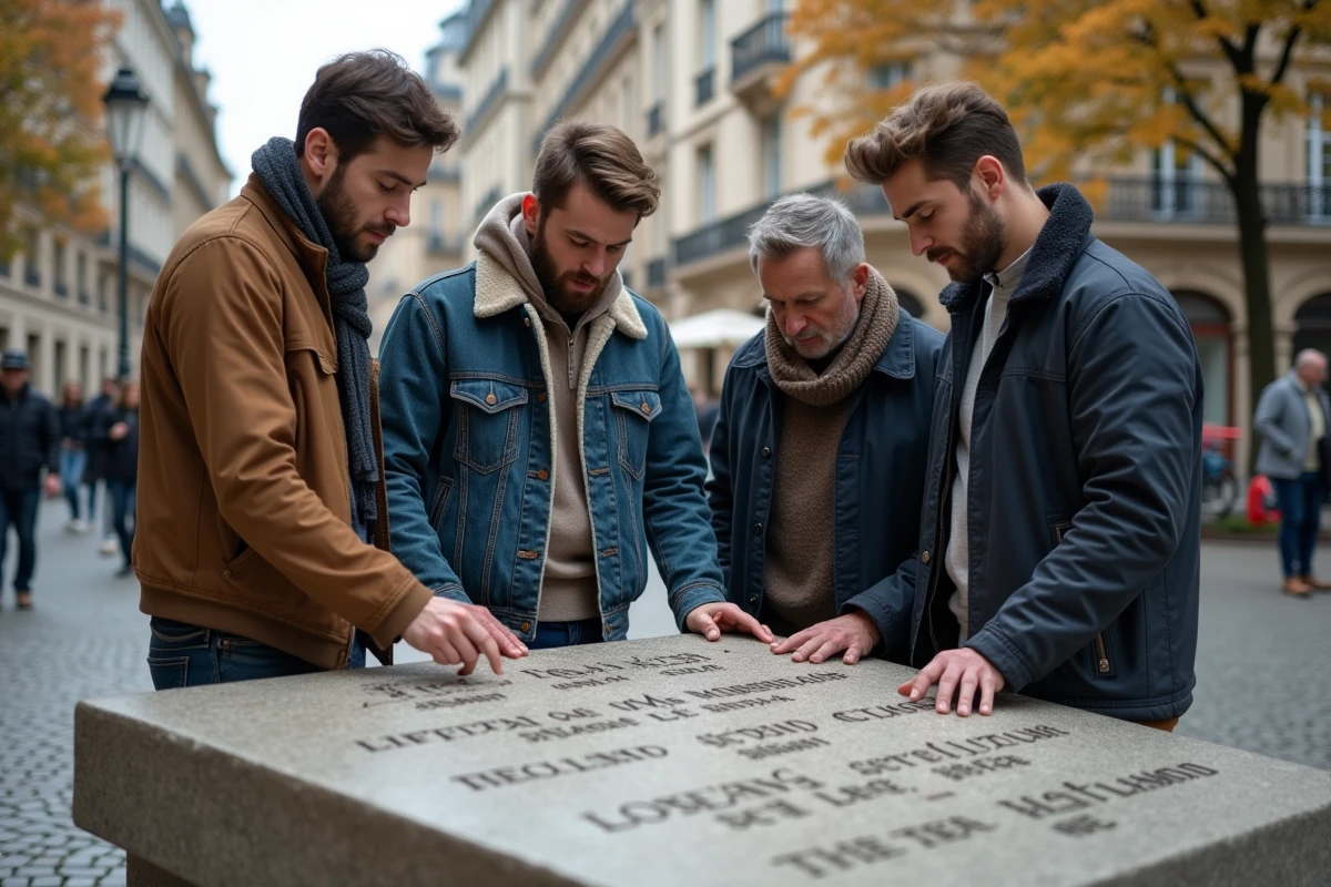 Groupe d'adultes lisant et commentant les paroles gravées de La Marseillaise sur un monument commémoratif en pierre dans une place publique pavée