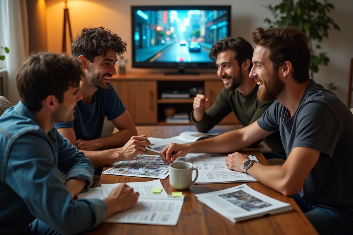 Groupe de passionnés de jeux vidéo discutant des dates de sortie historiques de la franchise GTA