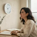 Femme contemplative regardant une horloge affichant 14h41, symbolisant l'heure miroir et son interprétation angélique