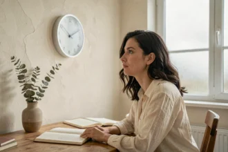 Femme contemplative regardant une horloge affichant 14h41, symbolisant l'heure miroir et son interprétation angélique