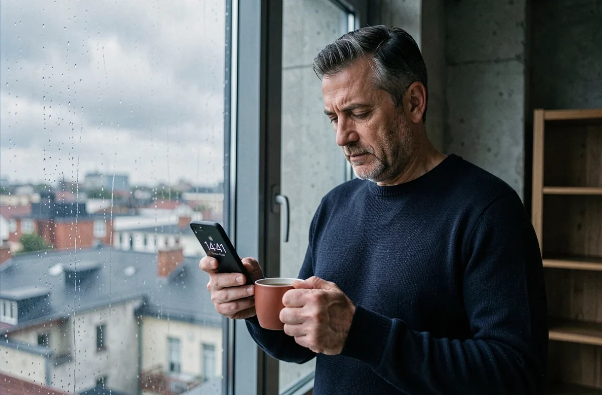 Homme tenant un téléphone affichant 14h41 près d'une fenêtre urbaine, évoquant la synchronicité des heures miroirs