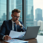 Homme d'affaires en costume noir analysant des prévisions économiques