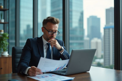 Homme d'affaires en costume noir analysant des prévisions économiques
