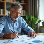 Homme d'âge moyen analysant des documents immobiliers dans un bureau lumineux