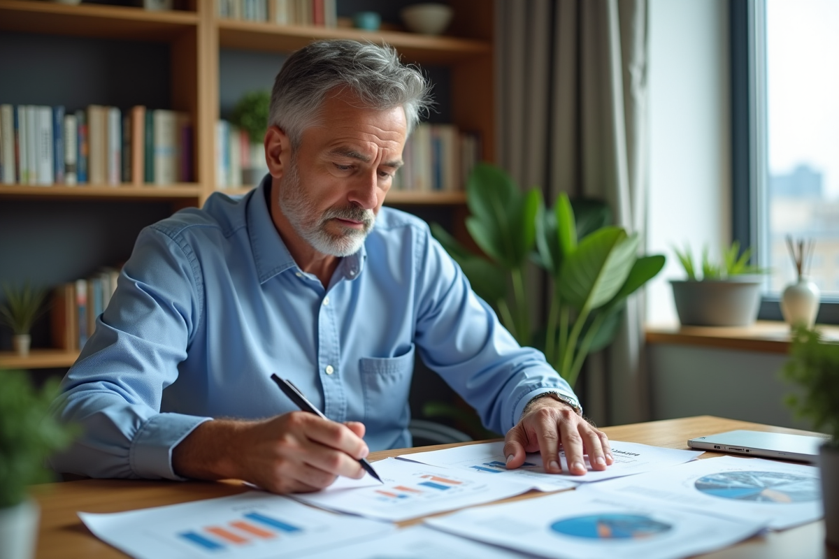 Homme d'âge moyen analysant des documents immobiliers dans un bureau lumineux