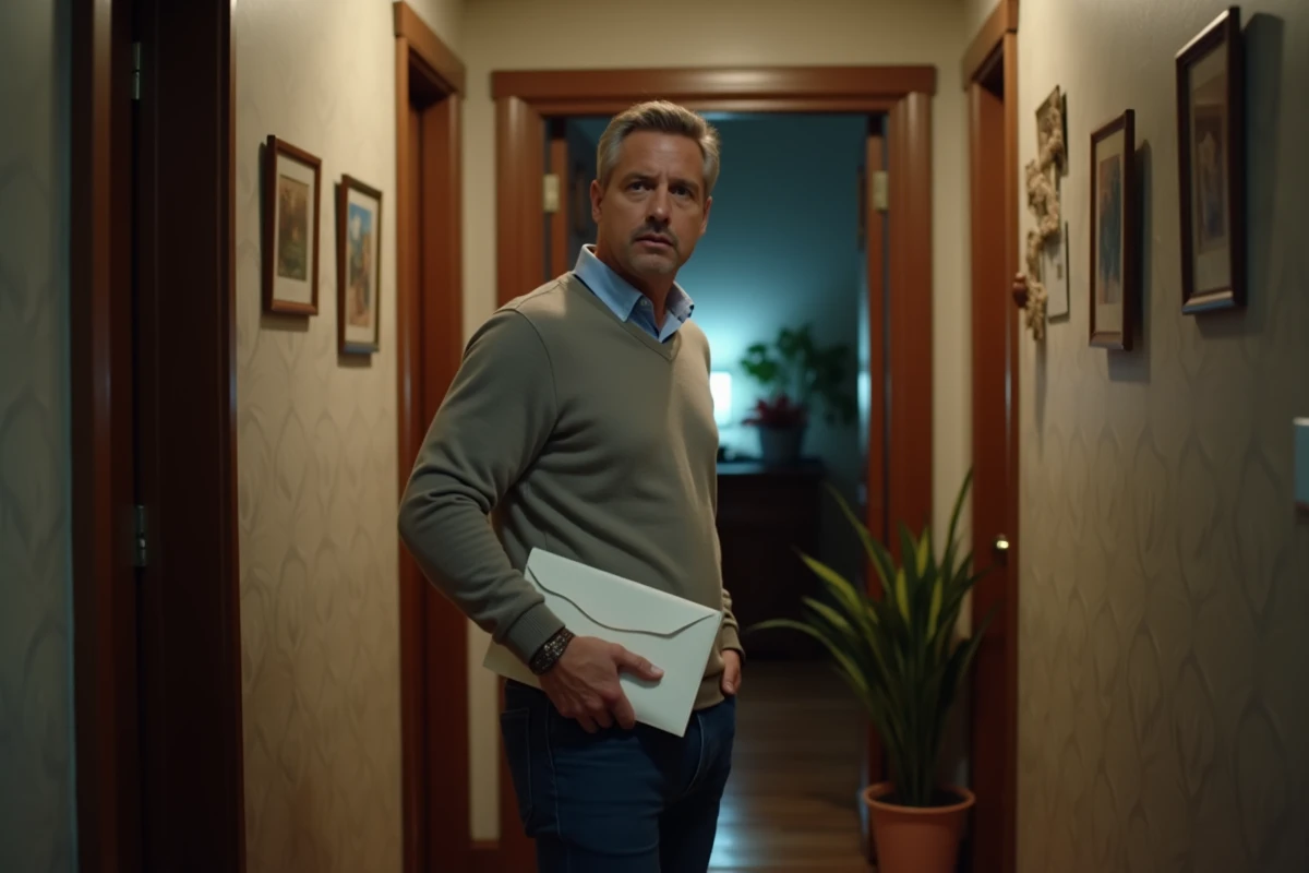 Homme d'âge moyen dans un appartement avec enveloppe officielle