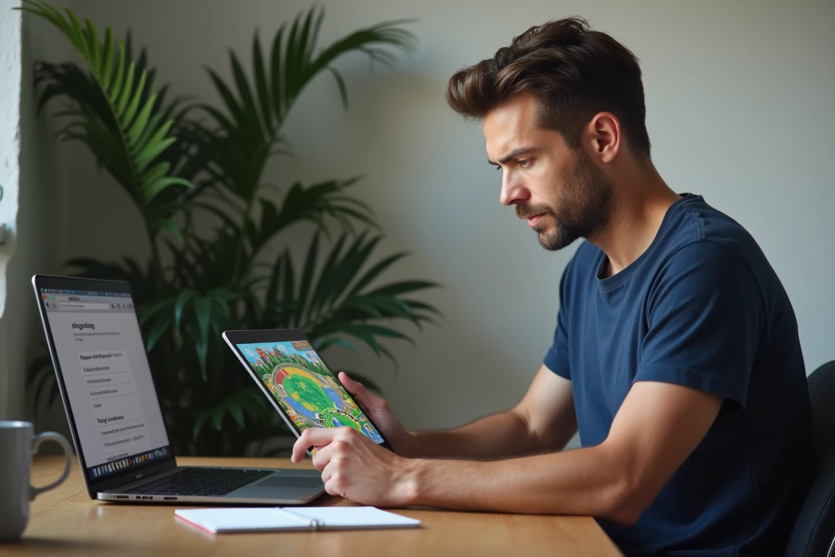 Homme consultant des astuces légitimes pour Monopoly GO sur tablette et ordinateur portable à son bureau à domicile