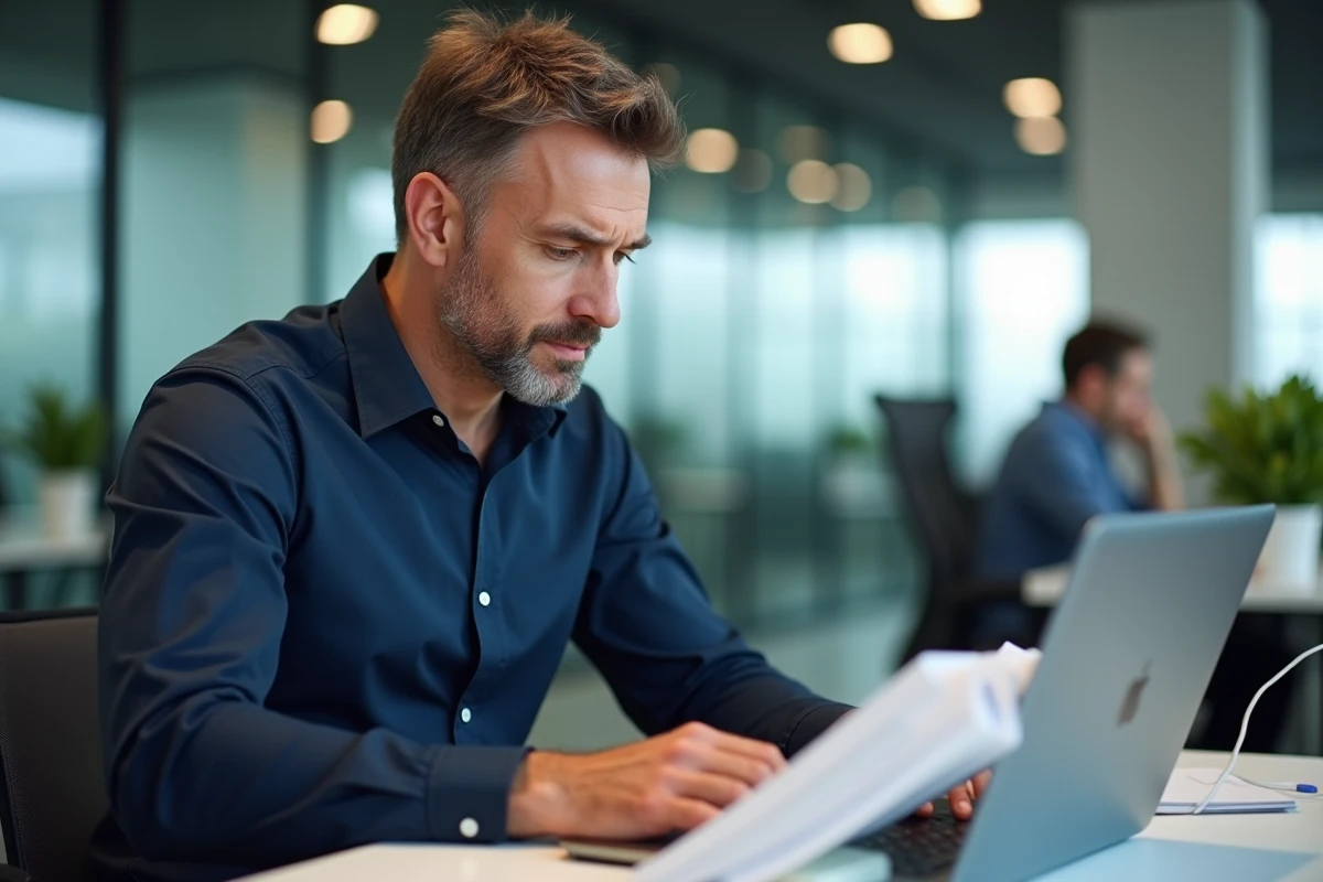 Homme consultant un guide de grammaire française à côté de son ordinateur portable dans un bureau moderne pour éviter les erreurs orthographiques