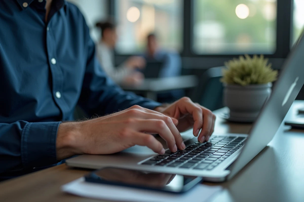 Homme en bureau recherchant un numéro de téléphone sur liste rouge via ordinateur portable