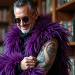 Homme avec costume violet et tatouage swan dans une bibliothèque